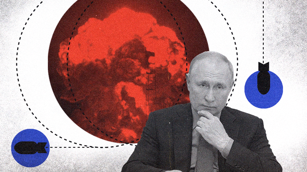 Collage of Vladimir Putin surrounded by a mushroom cloud and images of nuclear warheads.
