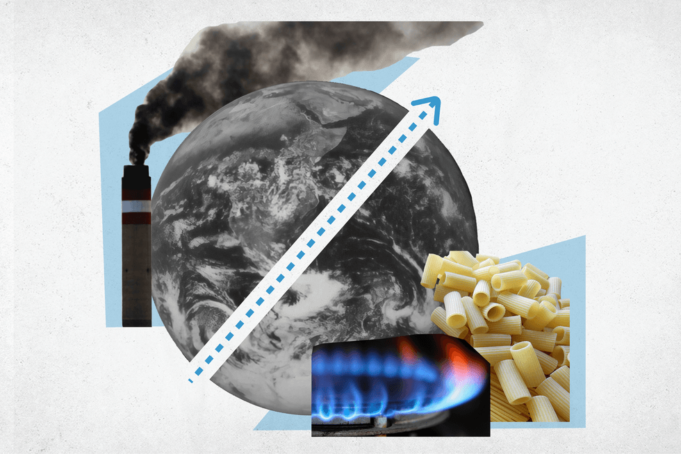 Collage shoiwing pollution from a factory chimney, the earth, pasta, and a gas burner on a stove