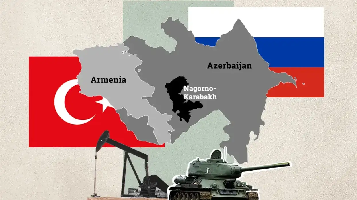 Collage showing a map of Nagorno-Karabakh within Azerbaijian and beside Armenia, surrounded by the flags of Turkey and Russia, an oil rig and a tank
