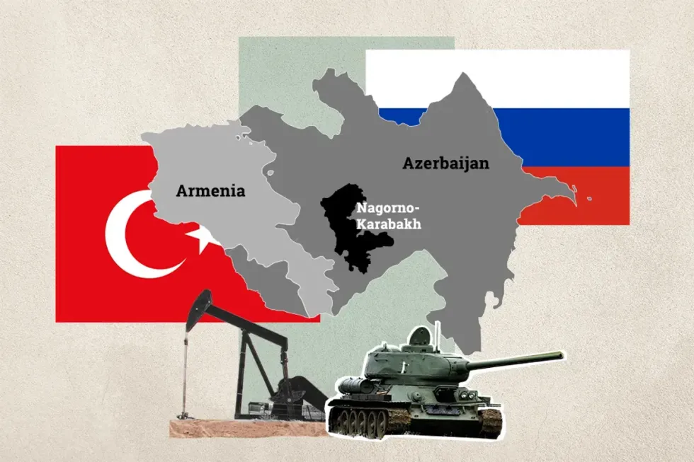 Collage showing a map of Nagorno-Karabakh within Azerbaijian and beside Armenia, surrounded by the flags of Turkey and Russia, an oil rig and a tank