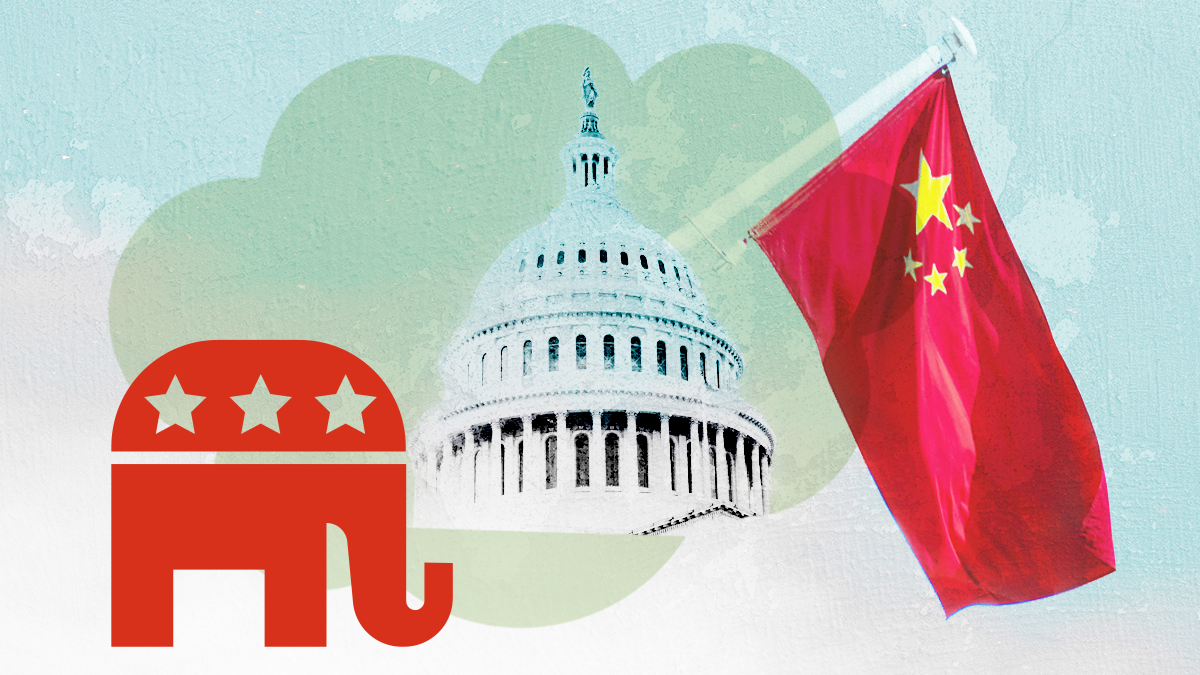 Collage showing a red elephant, the symbol of the Republican Party, the US Capitol and the flag of China