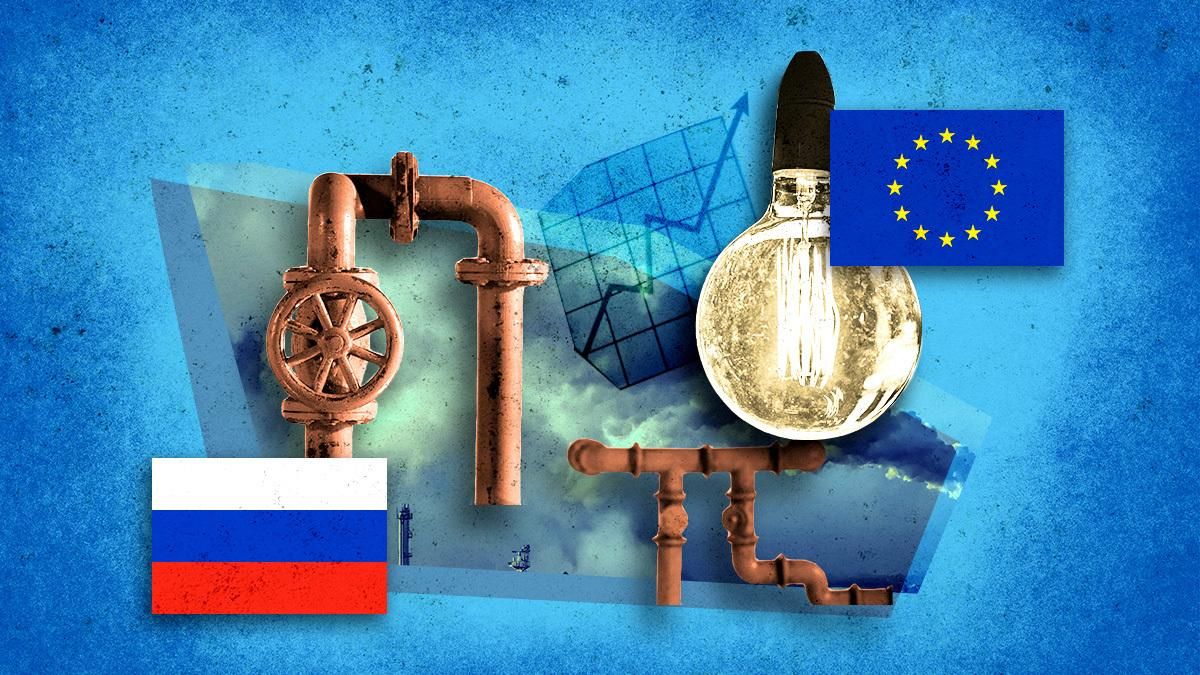Collage showing EU & Russian flags alongside a natural gas pump and a light bulb
