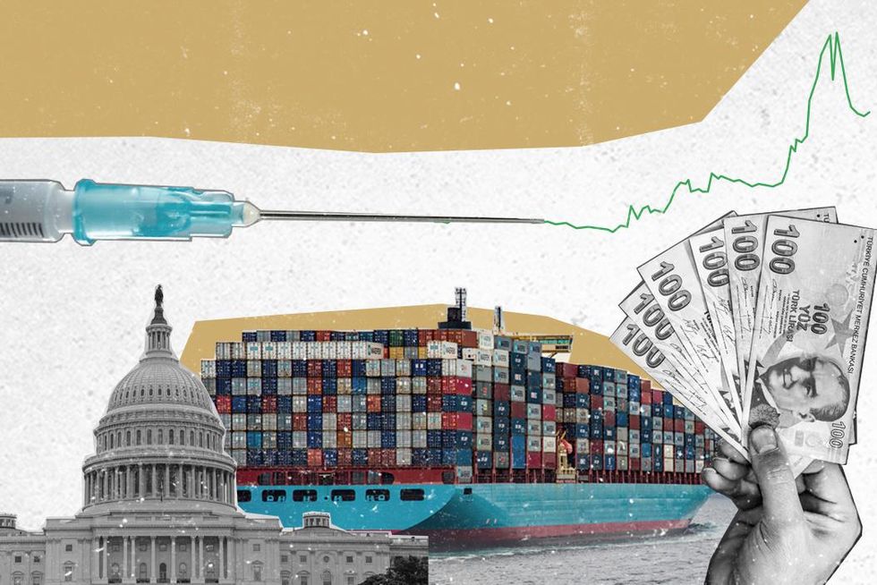 Collage showing the US Capitol building, a cargo ship, a vaccine needle, and a hand holding foreign currency