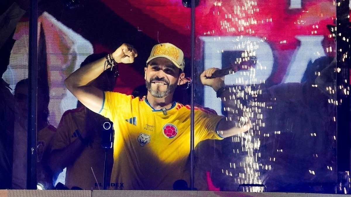 Colombian presidential candidate Abelardo De La Espriella with fists in the air addresses supporters after the results of the first round of the presidential election