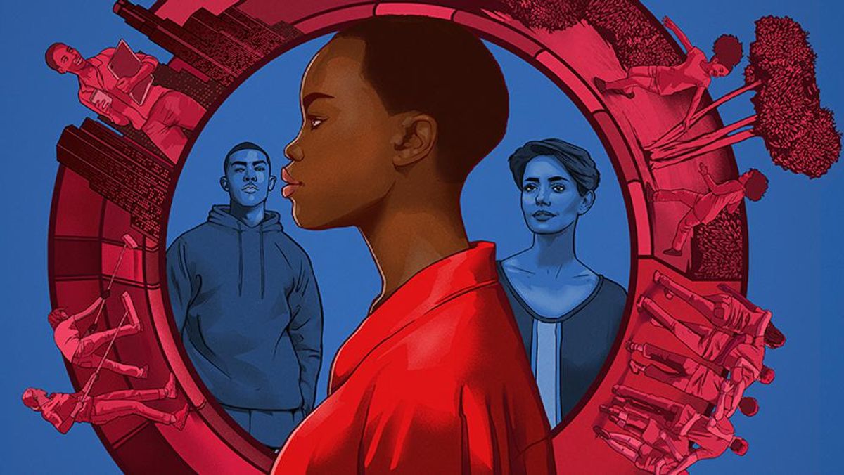 Colorful graphic with a woman wearing a red top in the foreground and blue background with two individuals looking on