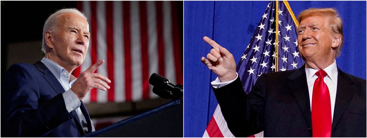 ​Combination picture showing U.S. President Joe Biden delivering remarks on lowering costs for American families. 