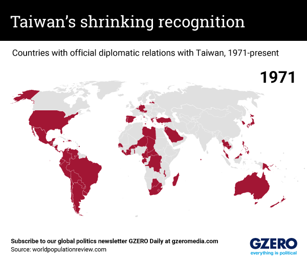 Comparative maps showing which countries had official diplomatic ties with Taiwan just before the UN recognized the People's Republic of China (PRC) in 1971 to today.