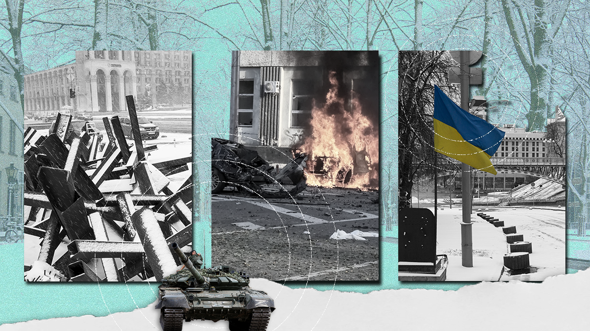 Composite of images of the war in Ukraine against a winter background