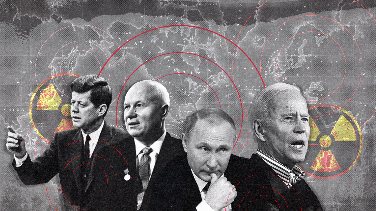 Composite of JFK, Nikita Kruschev, Vladimir Putin, and Joe Biden on a background of a global map with nuclear danger symbols.