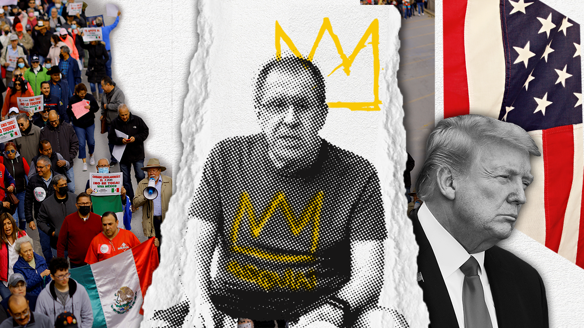 Composite of Mexican protesters, Russian Foreign Minister Sergey Lavrov wearing a Basquiat shirt, and former US President Donald Trump in front of an American flag