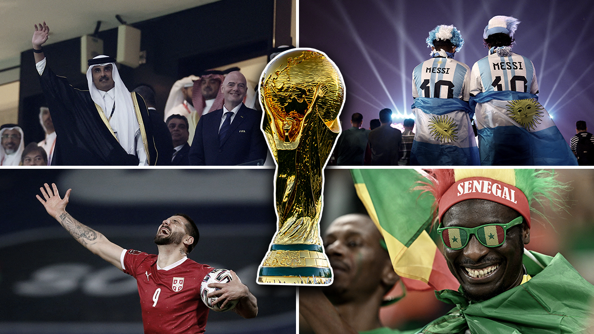 Composite of photos of the leader of Qatar, Argentine & Senegalese fans, and Serbian player Alexsandar Mitrović with the World Cup trophy in the middle