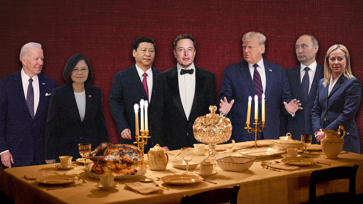 Composite with photos of Joe Biden, Tsai Ing-wen, Xi Jinpingl, Elon Musk, Donald Trump, Vladimir Putin, and Giorgia Meloni at a fancy dinner table