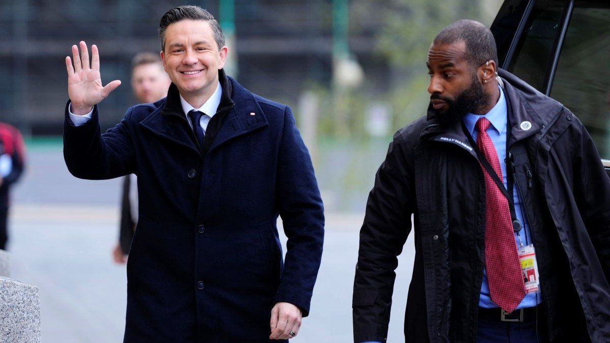 Conservative Leader Pierre Poilievre arrives on Parliament Hill for a meeting of the Conservative caucus following the federal election, in Ottawa, on May 6, 2025.