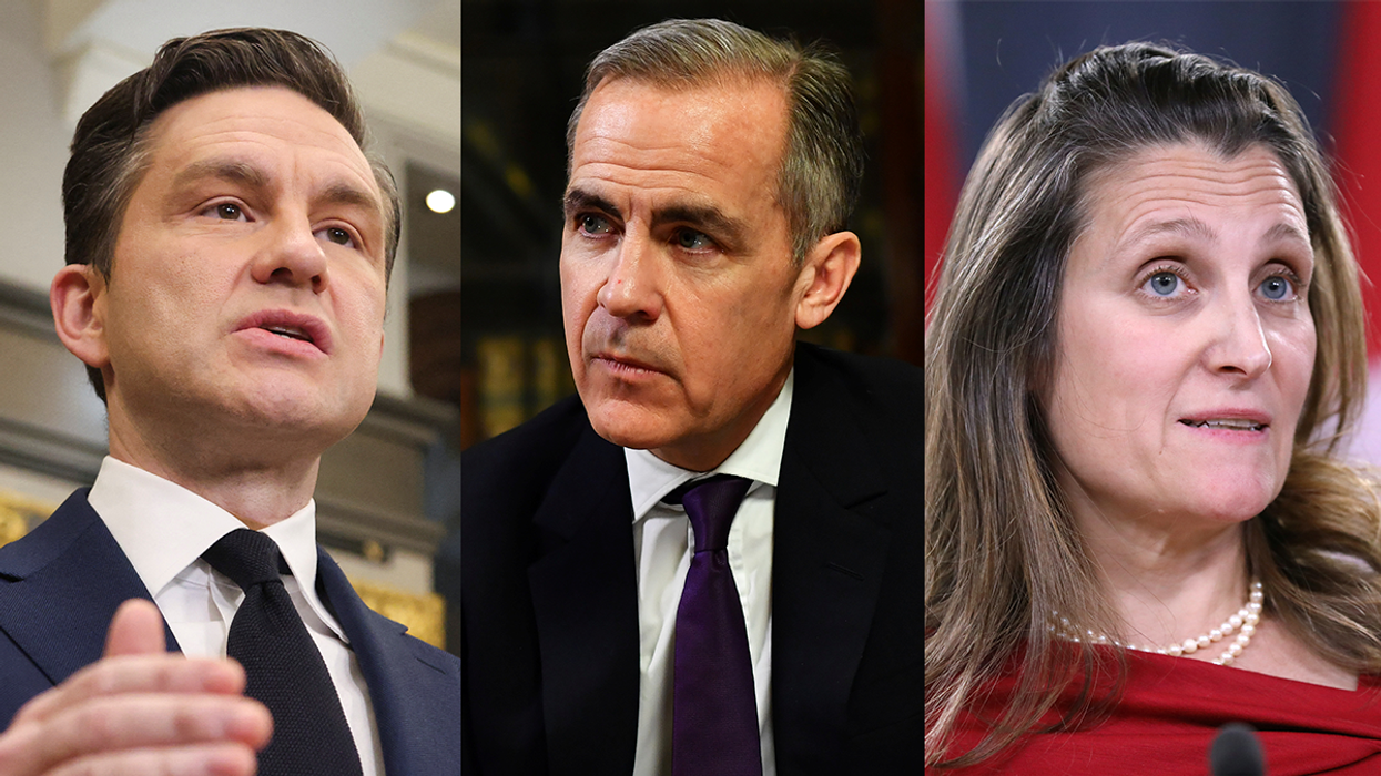 Conservative Party of Canada leader Pierre Poilievre; Mark Carney, former Governor of the Banks of England and Canada; and Canada's former Foreign Minister Chrystia Freeland.