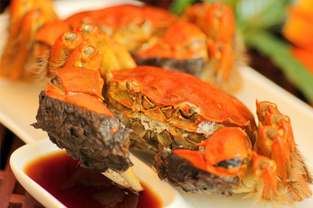 Cooked hairy crabs served at a hotel in Guangzhou, China.