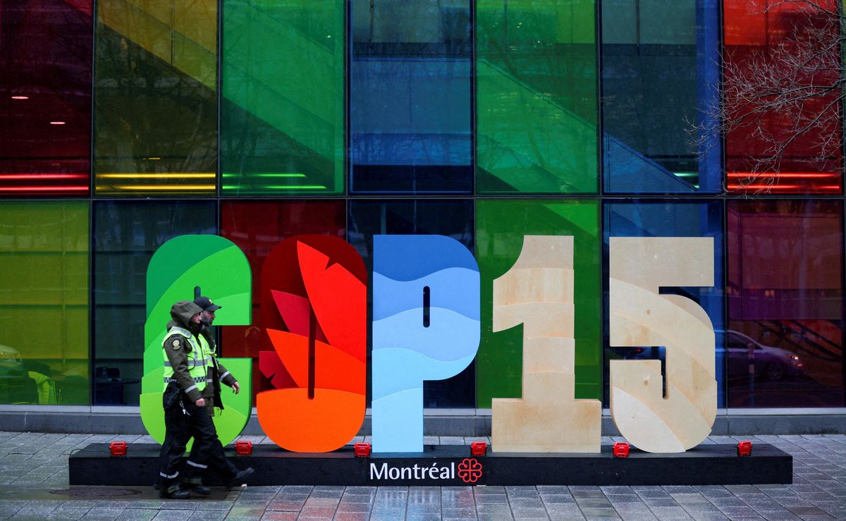 COP15 sign outside the Palais de Congres in Montreal, Canada.