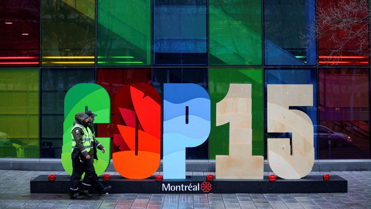 COP15 sign outside the Palais de Congres in Montreal, Canada.