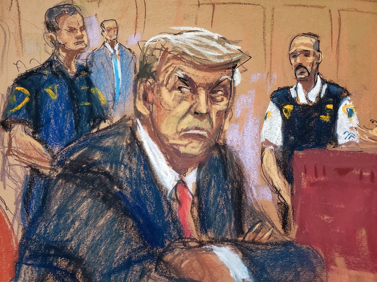 Courtroom sketch of US President Donald Trump in court for his arraignment in New York.