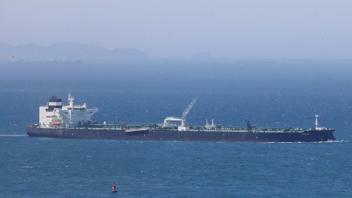 ​Crude oil tanker Odessa, carrying UAE crude after passing through the Strait of Hormuz with its Automatic Identification System transponder turned off, navigates the waters at Daesan port, in Seosan, South Korea, May 8, 2026.