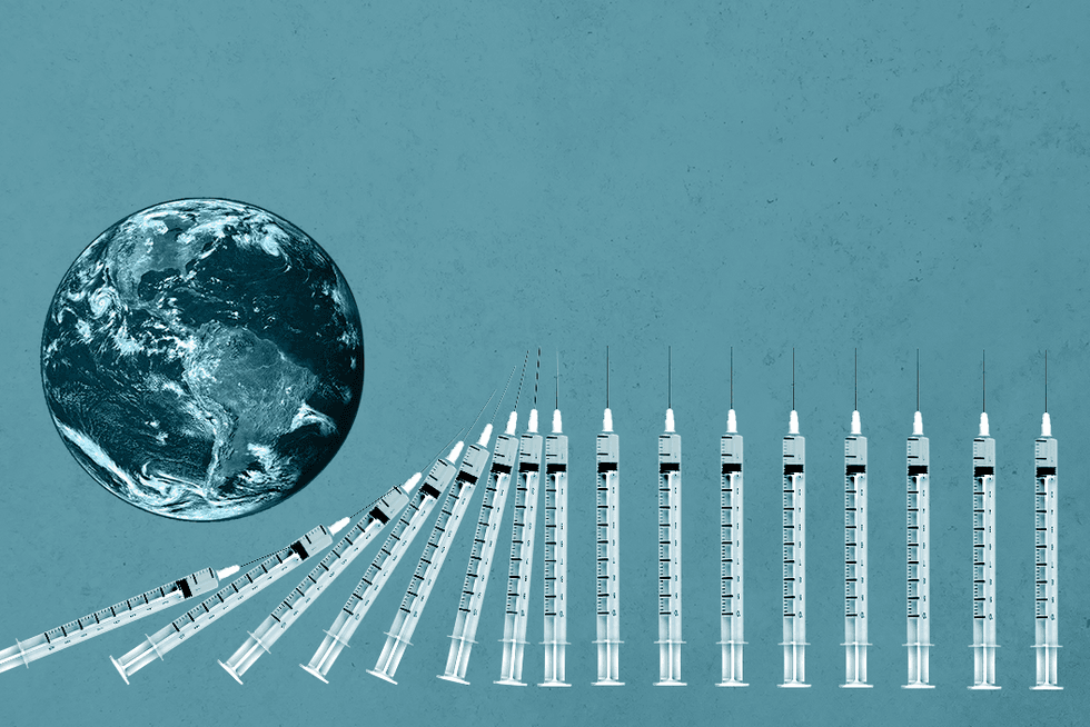 custom graphic of planet earth rolling over medical syringes
