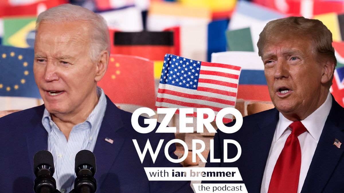 cutout images of joe biden and donald trump against a background of flags of several countries and GZERO World with ian bremmer - the podcast
