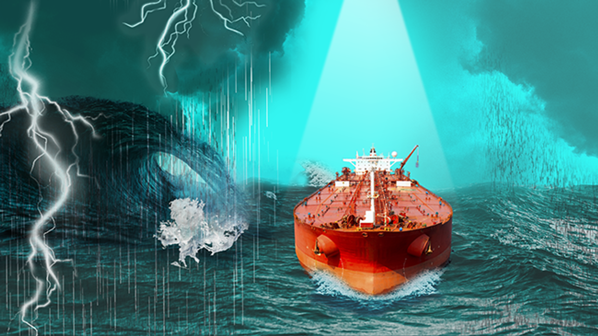 Cutout of an oil tanker in a stormy sea