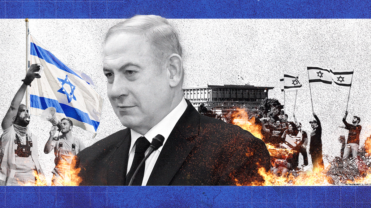 Cutout of Israel's PM Benjamin Netanyahu on background of flames & protests with the Israeli flag