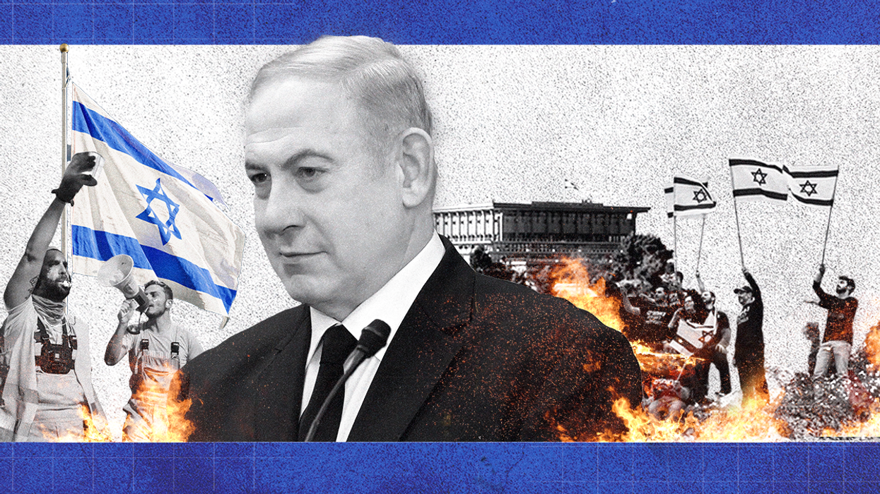 Cutout of Israel's PM Benjamin Netanyahu on background of flames & protests with the Israeli flag