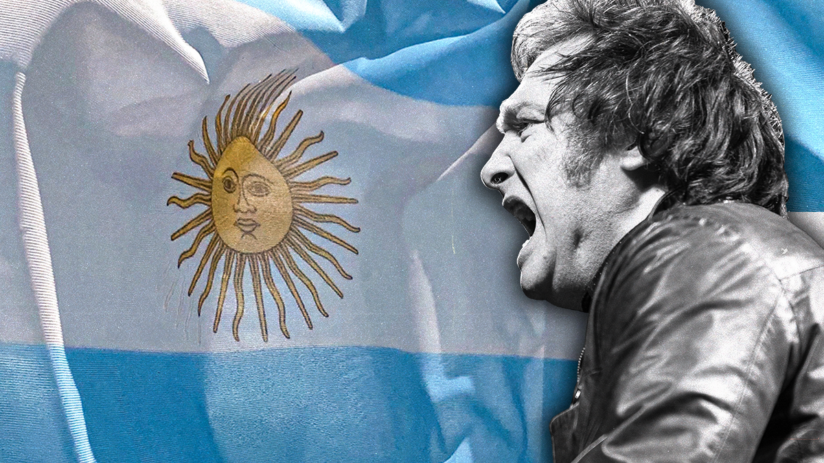 Cutout of presidential hopeful Javier Milei on an Argentine flag background