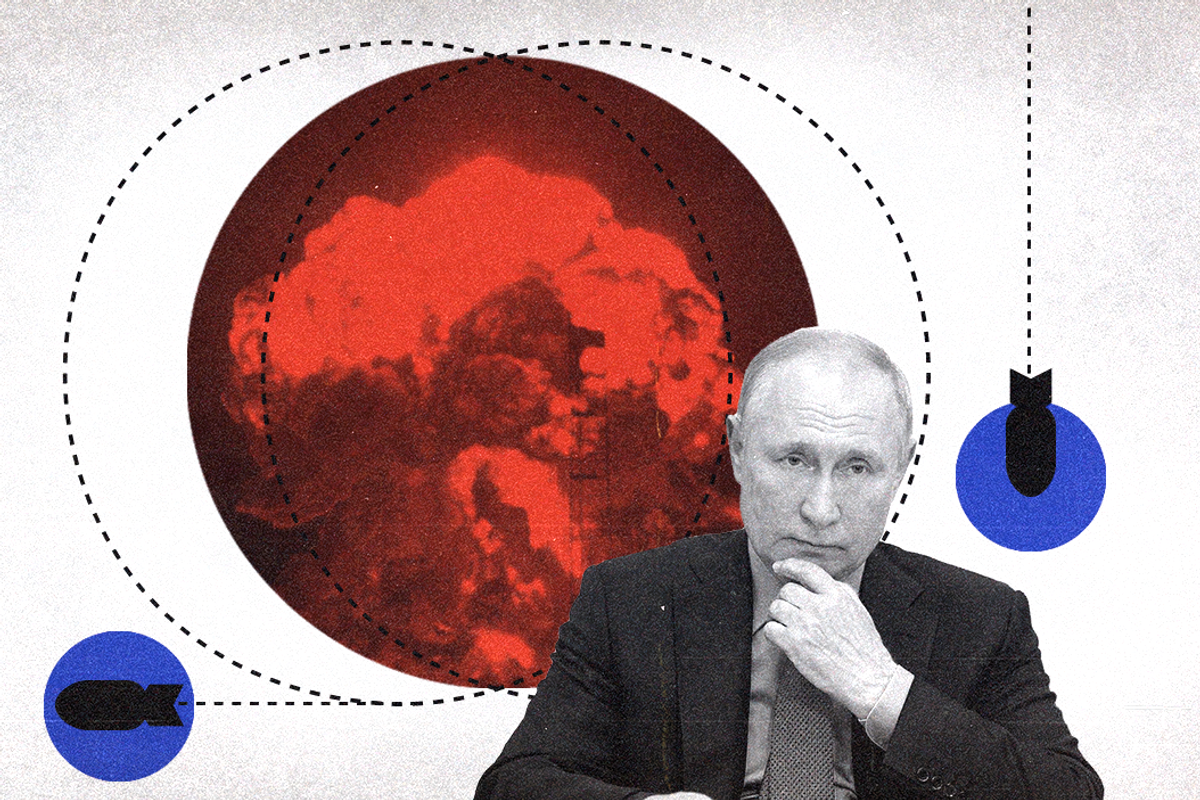 Cutout of Vladimir Putin surrounded by icons of tactical nuclear weapons