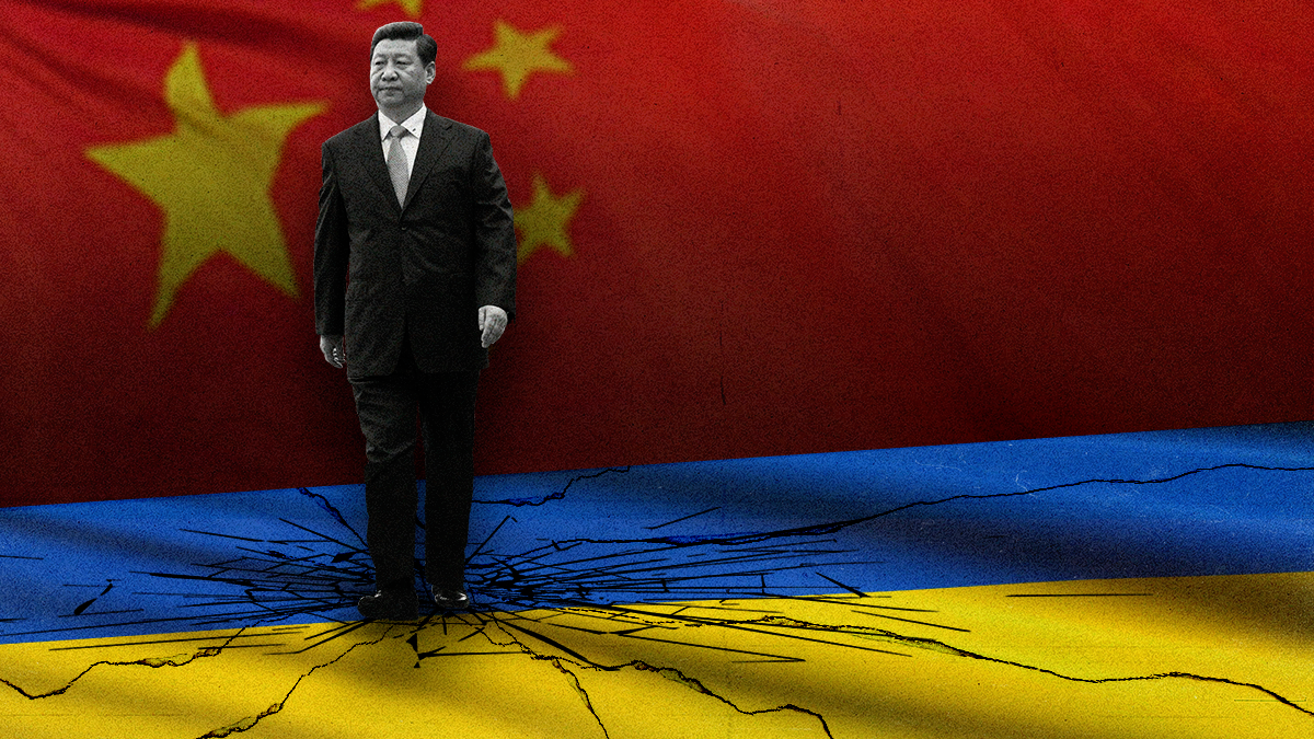 Cutout of Xi Jinping walking on a cracked Ukrainian on a Chinese flag background