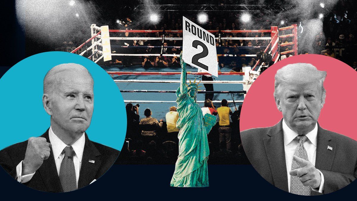 Cutouts of Joe Biden and Donald Trump on the backdrop of a boxing ring with the Statue of Liberty holding a round card