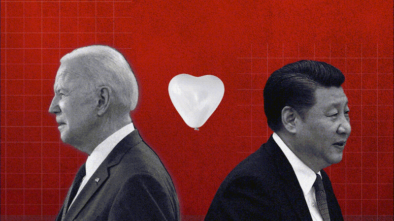 Cutouts of Joe Biden and Xi Jinping looking away from each other between a gif of a bursting ballon in the shape of a heart