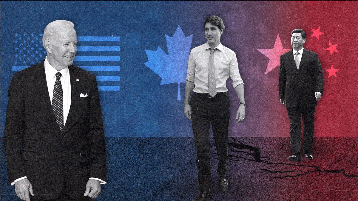Cutouts of Joe Biden, Justin Trudeau & Xi Jinping on a textured background of their national flags