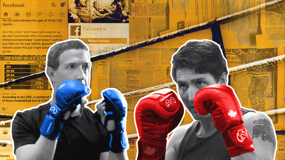 Cutouts of Mark Zuckerberg & Justin Trudeau wearing boxing gloves on a background of a boxing ring and online news pages