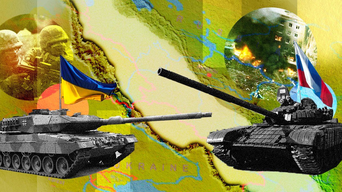Cutouts of tanks with Ukrainian and Russian flags on a background map of Russian-occupied eastern Ukraine