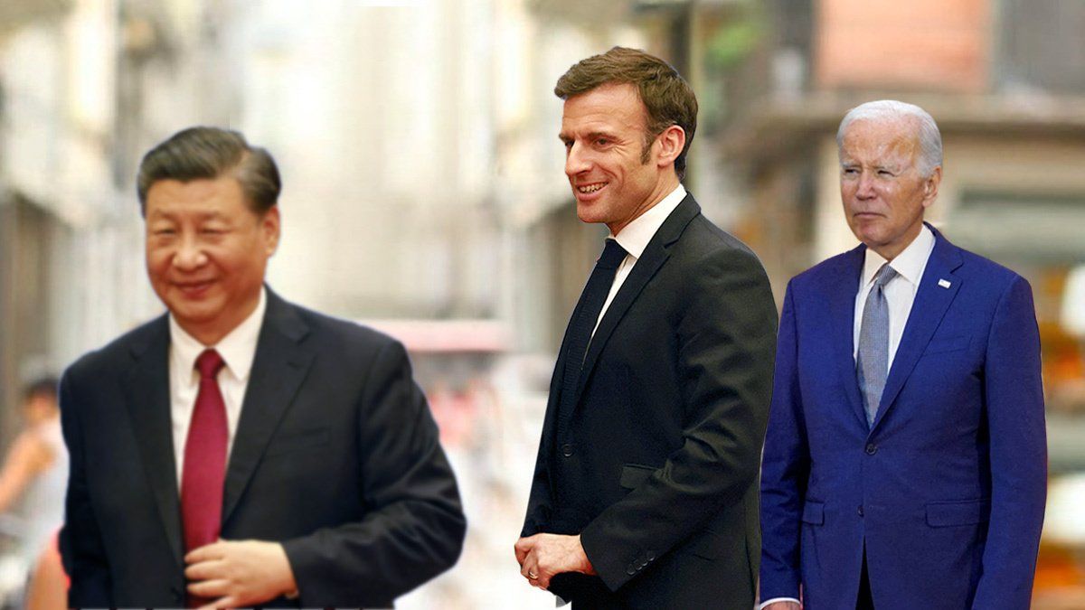 Cutouts of Xi Jinping, Emmanuel Macron, and Joe Biden on a popular meme