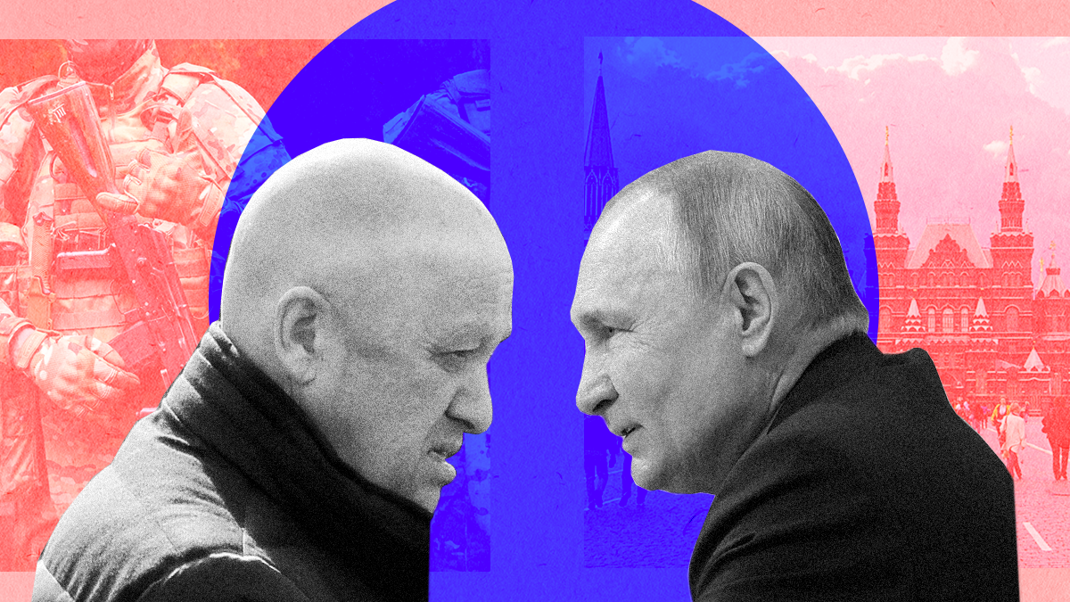 Cutouts of Yevgeny Prigozhin and Vladimir Putin on a textured background of Wagner fighters and the Kremlin
