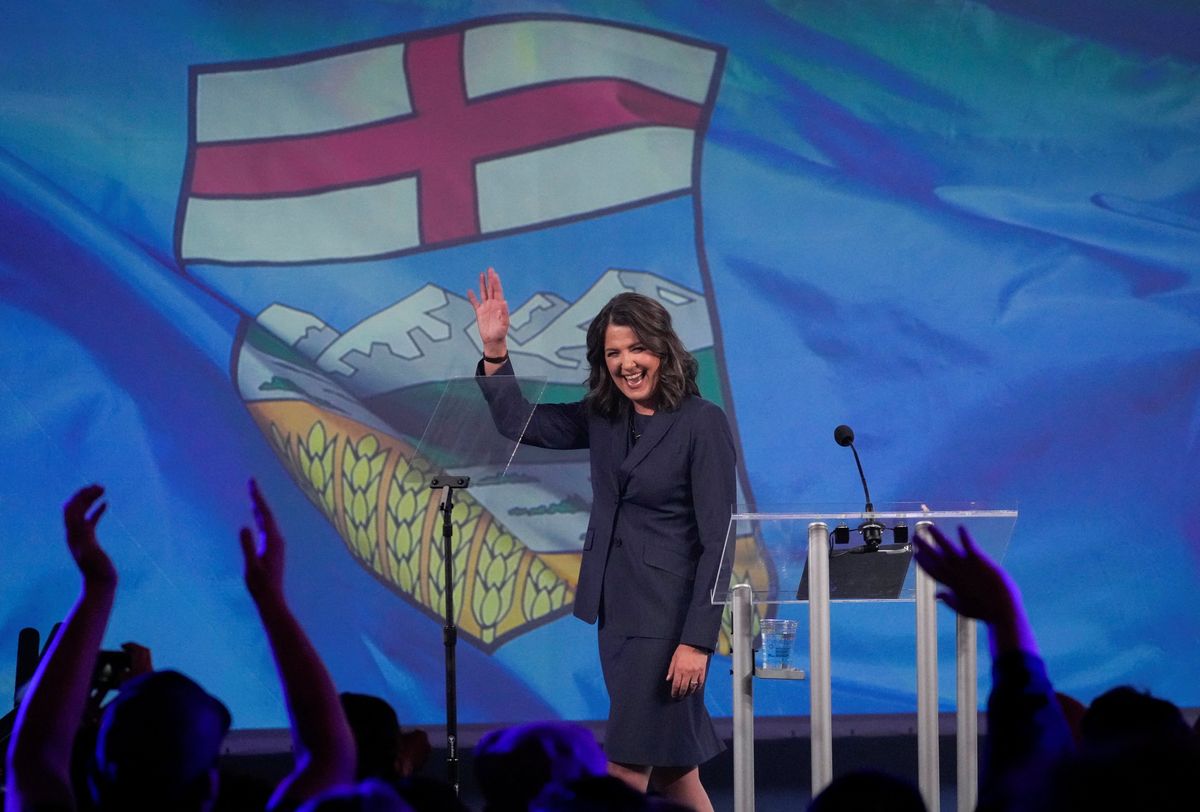Danielle Smith of the United Conservative Party (UCP) gestures during her party's provincial election night party.