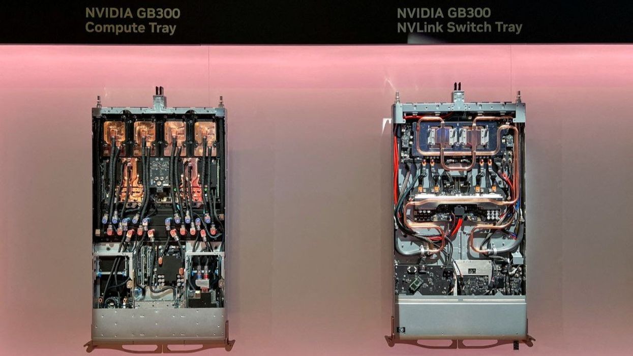 Data center servers and components containing the newest artificial intelligence chips from Nvidia are seen on display at the company's GTC software developer conference in San Jose, California, USA, on March 19, 2025.