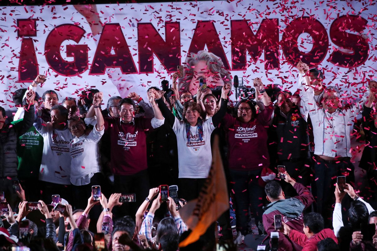 Delfina Gomez, candidate for governor of the State of Mexico for the Morena party, celebrates after preliminary election results are announced in Toluca.