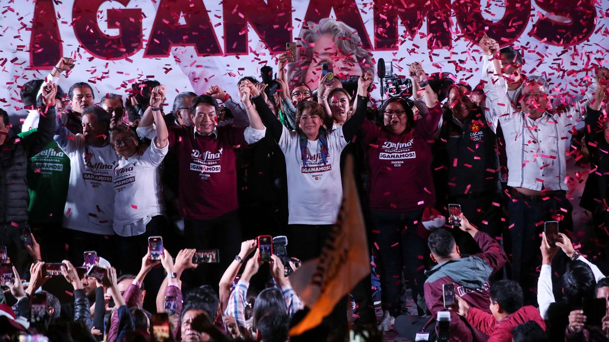 Delfina Gomez, candidate for governor of the State of Mexico for the Morena party, celebrates after preliminary election results are announced in Toluca.