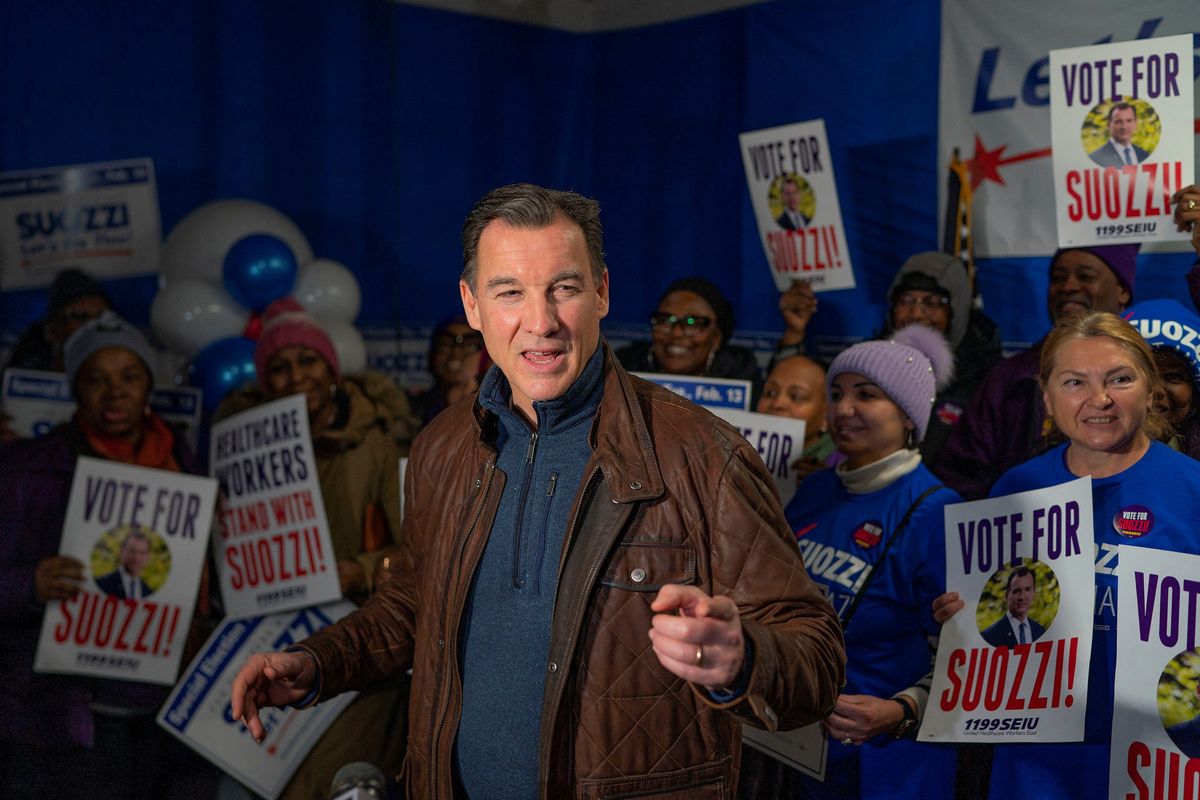 ​Democratic congressional candidate for New York's 3rd congressional district, Tom Suozzi, campaigns in Westbury, New York, U.S., February 13, 2024. 