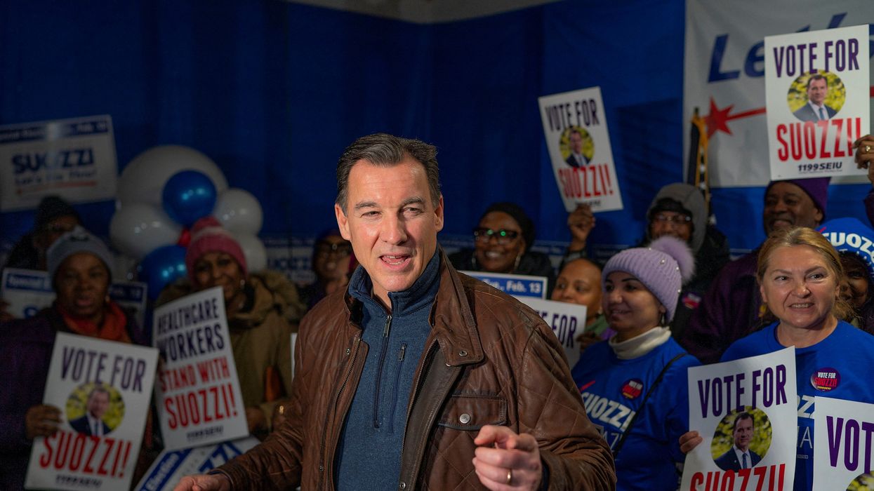 Democratic congressional candidate for New York's 3rd congressional district, Tom Suozzi, campaigns in Westbury, New York, U.S., February 13, 2024.
