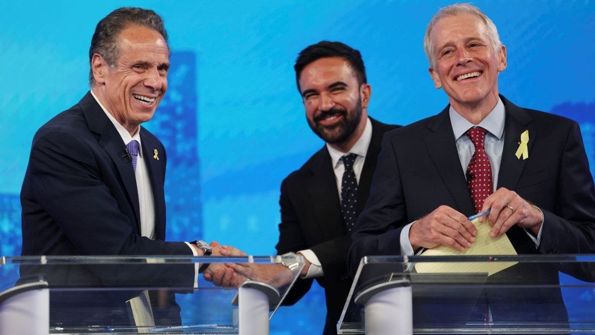 ​Democratic mayoral candidates Andrew Cuomo, Zohran Mamdani, and Whitney Tilson following the Democratic mayoral primary debate on June 4, 2025, in New York City.