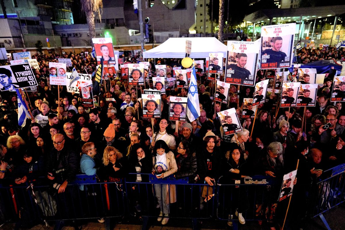 ​Demonstrators gather for a 24-hour protest at "Hostages Square" calling for the release of Israeli hostages in Gaza and to mark 100 days since the Oct. 7 attack by Hamas. 