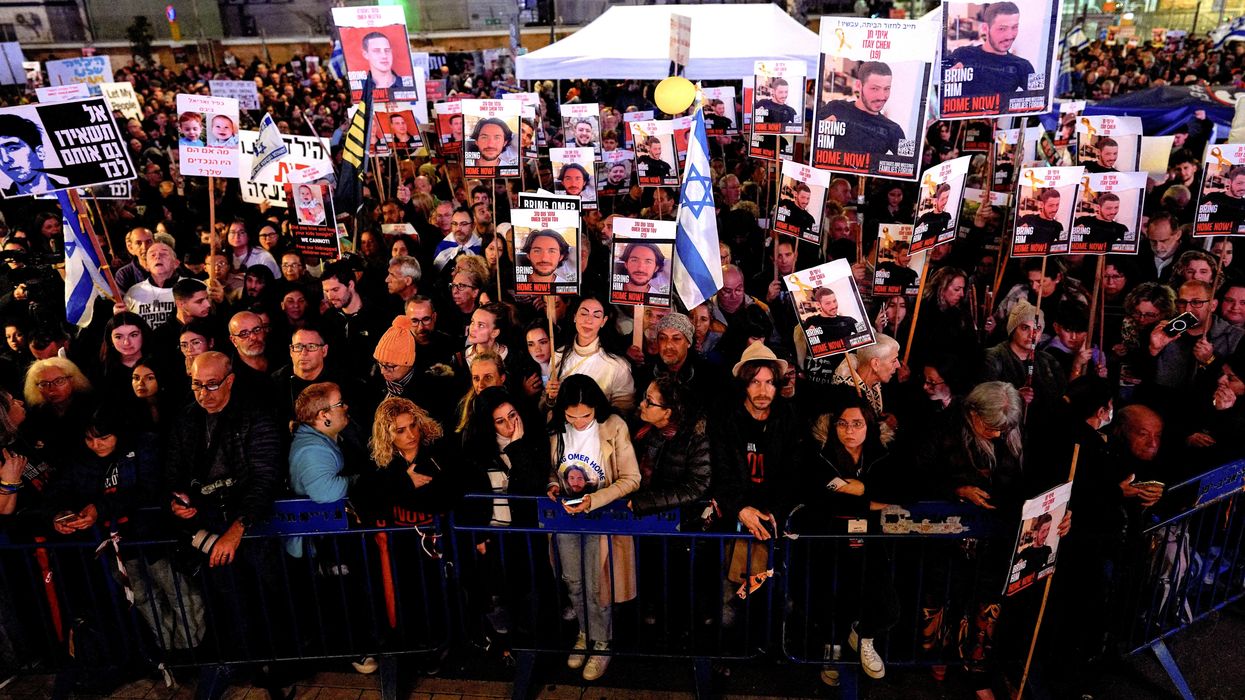 Demonstrators gather for a 24-hour protest at "Hostages Square" calling for the release of Israeli hostages in Gaza and to mark 100 days since the Oct. 7 attack by Hamas.