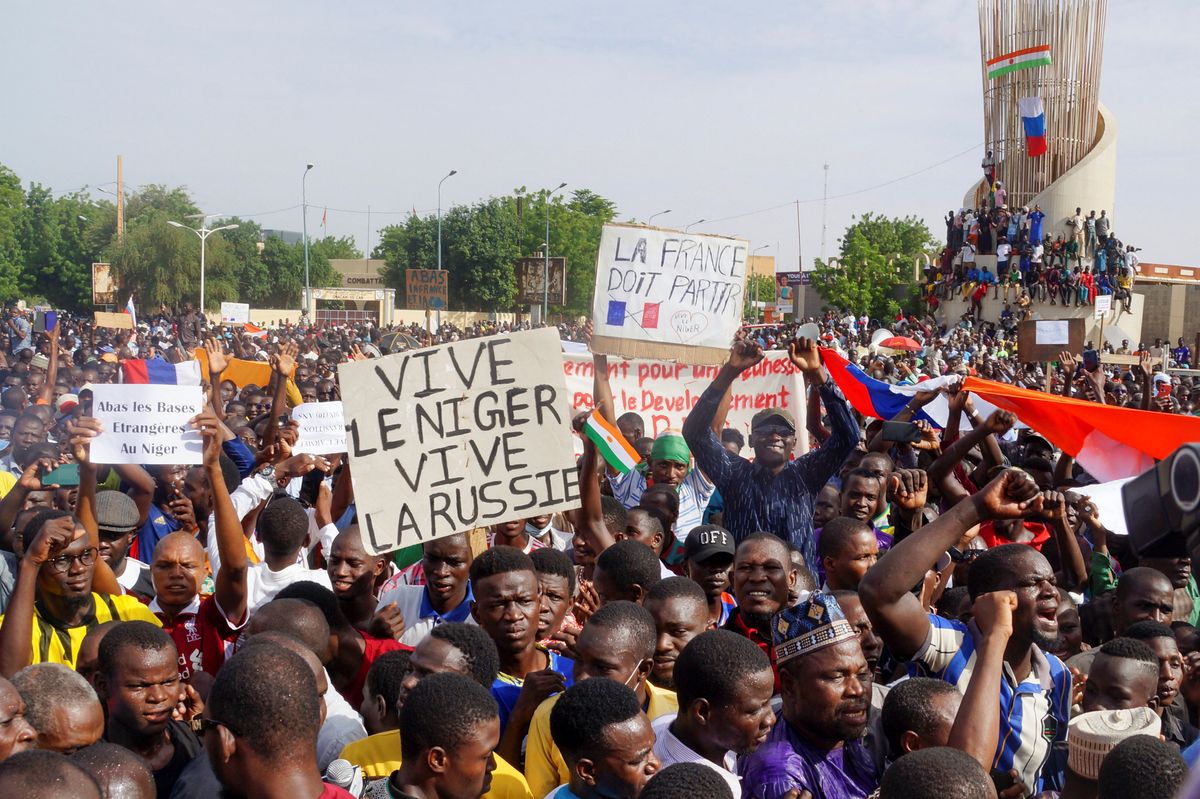 Demonstrators gather in support of the putschist soldiers in Niamey, Niger.