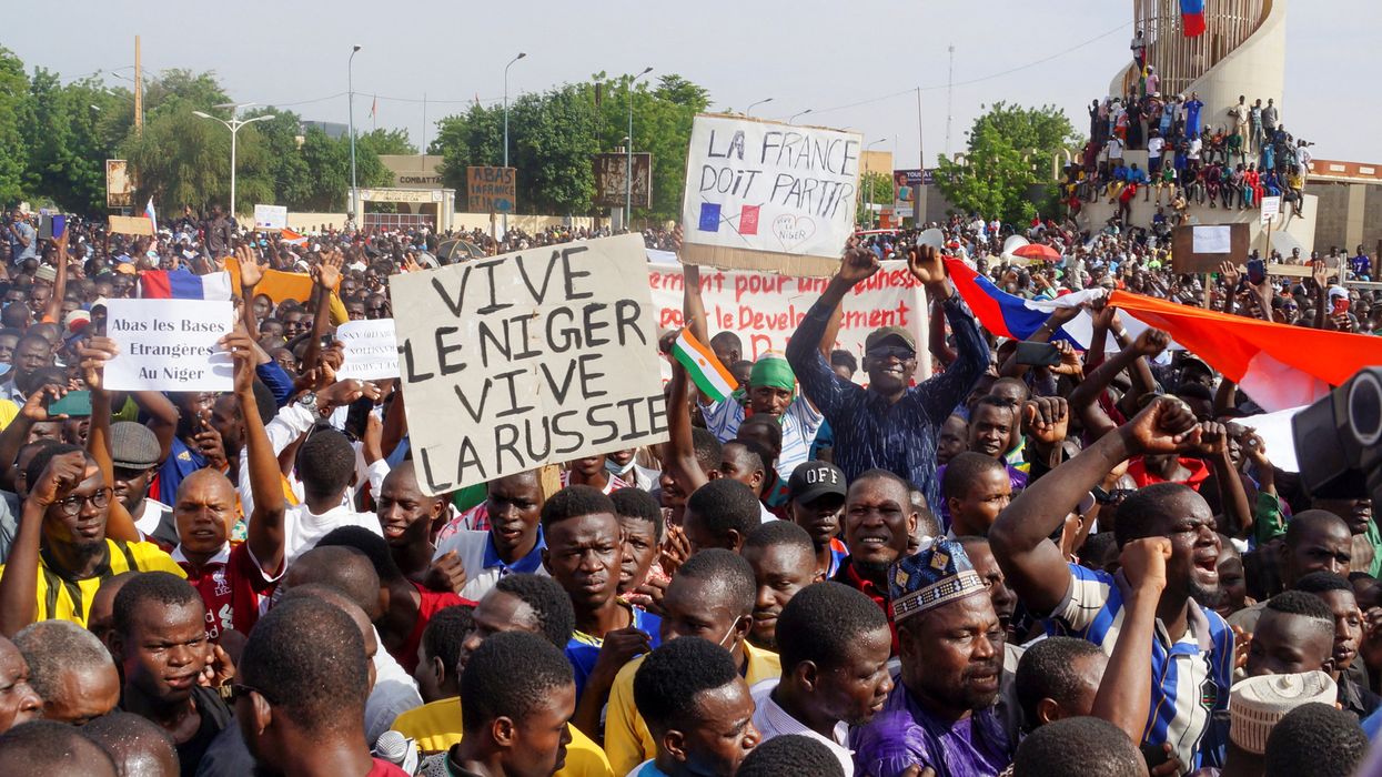 Demonstrators gather in support of the putschist soldiers in Niamey, Niger.