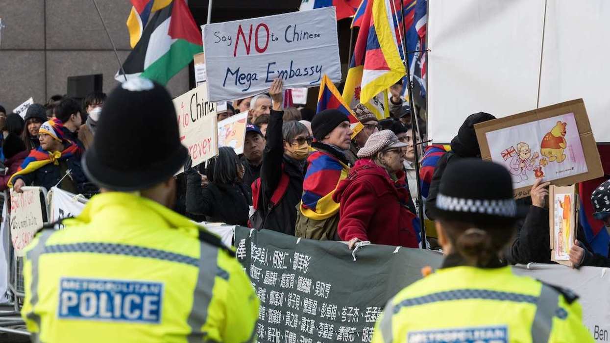 Demonstrators including Tibetans, Uyghurs and Hongkongers protest against plans to open new Chinese mega-embassy, in London, United Kingdom, on Jan. 17, 2026.